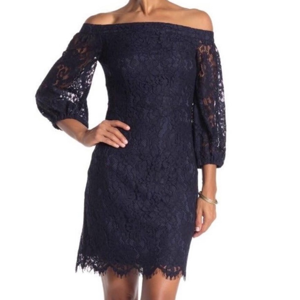 NWOT Trina Turk Dark Blue Lace Off Shoulder Dress - Picture 1 of 14